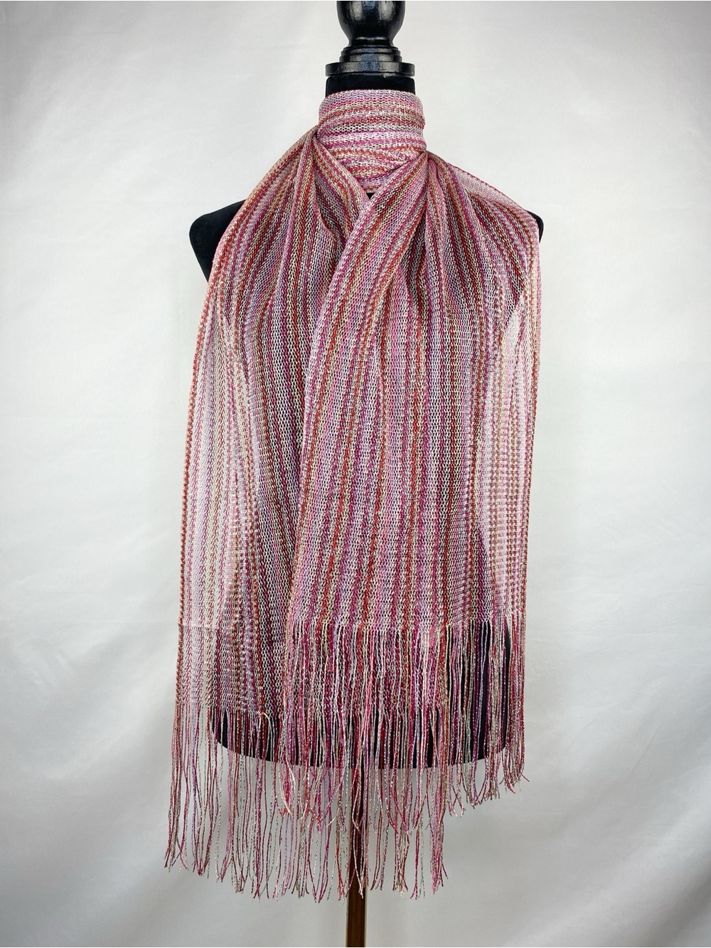 Vintage Y2K Pink Lurex Metallic Striped Fringe Mesh Scarf 80”X 13”